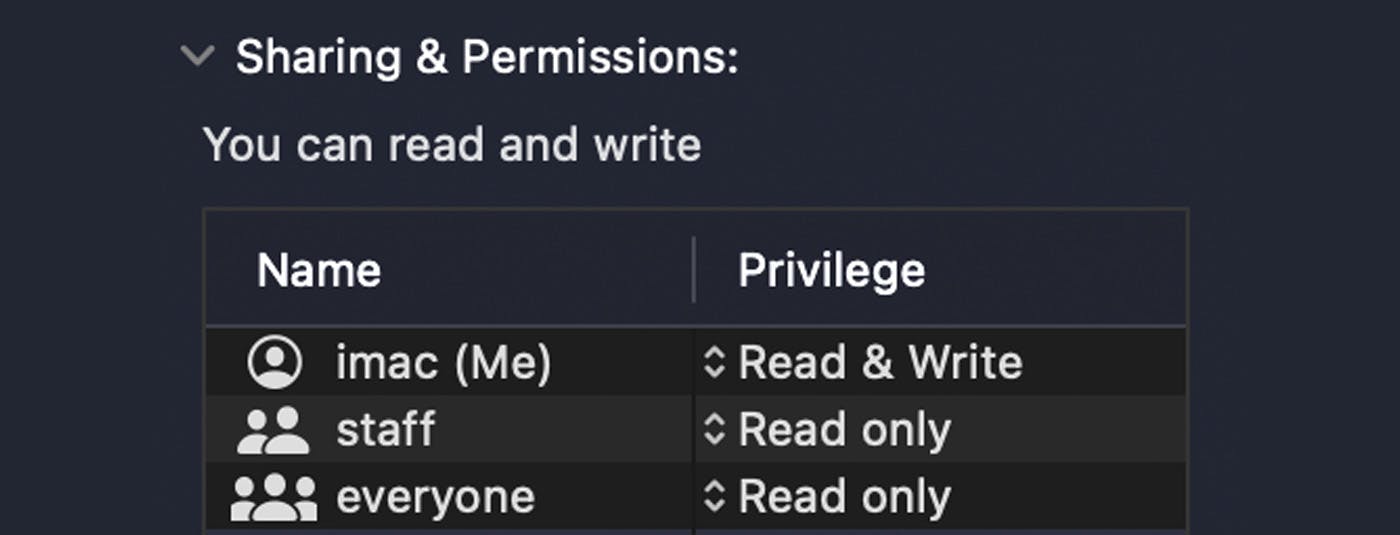 macOS Sharing & Permissions dialog listing users, groups, and everyone privileges