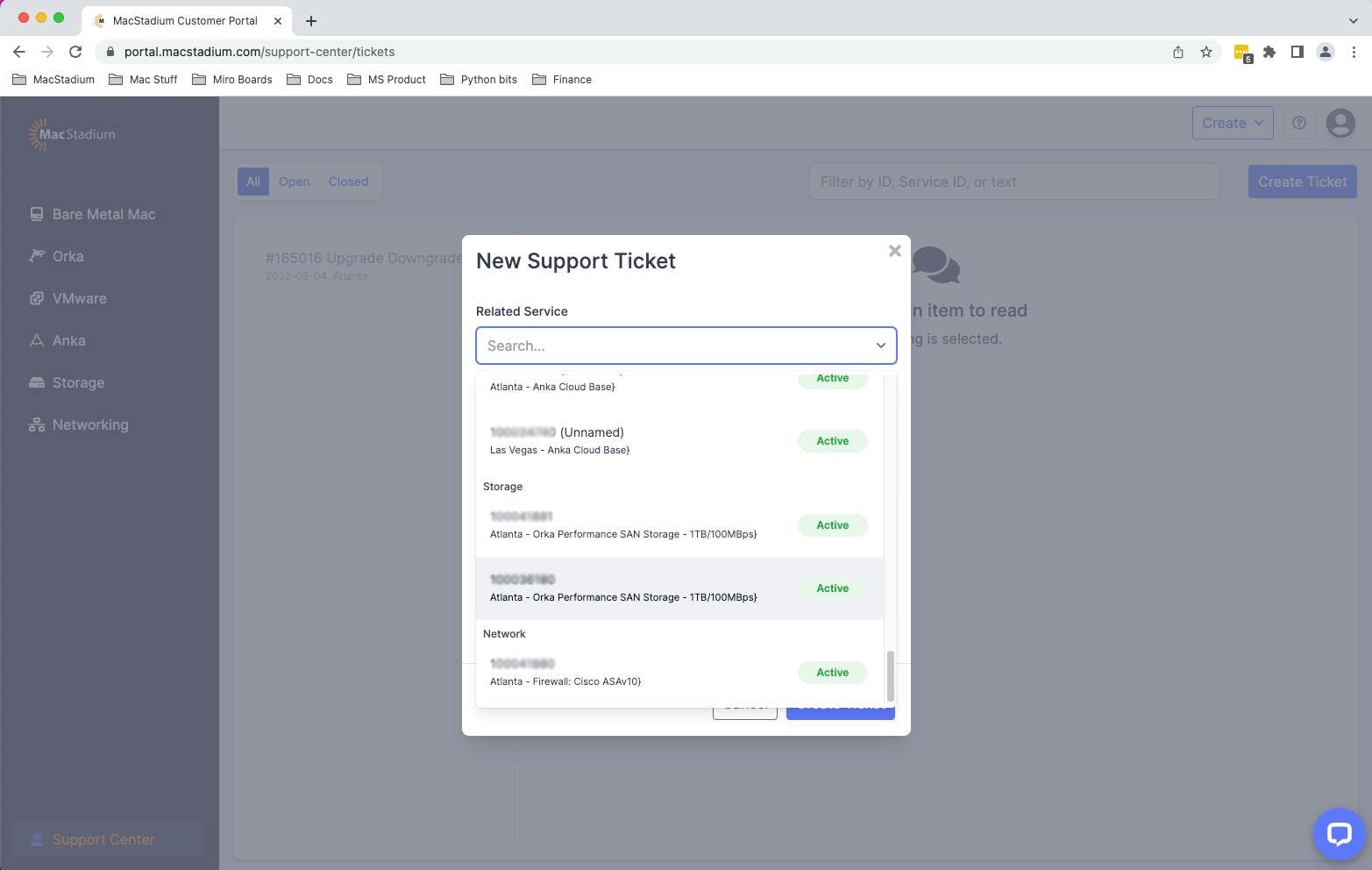 Customer portal screenshot.
