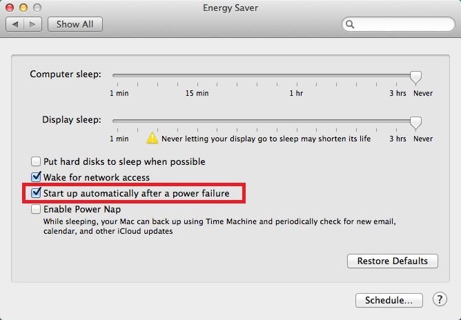 Mac Energy Saver with Start Up automatically after power failure highlighted