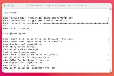 Screenshot of Azure DevOps agent registration in macOS terminal
