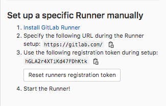 Screenshot that says: Set up a specific Runner manually. 1. Install GitLab Runner 2. Specify the following URL during the Runner setup: https://gitlab.com 3. Use the following registration token during setup: <redacted> 4. Start the runner