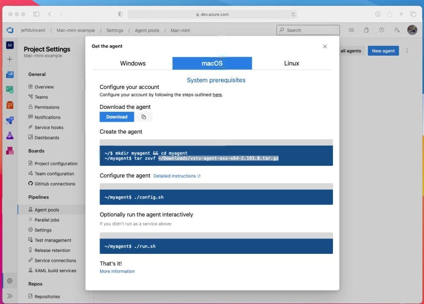 macOS agent configuration screen in Azure DevOps