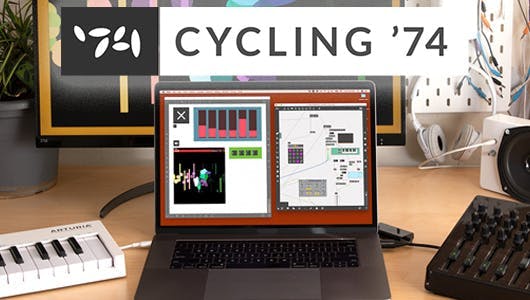 Cycling '74 Mac laptop on desk with audio software on screen