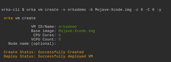 Orka-cli screenshot showing vm create command