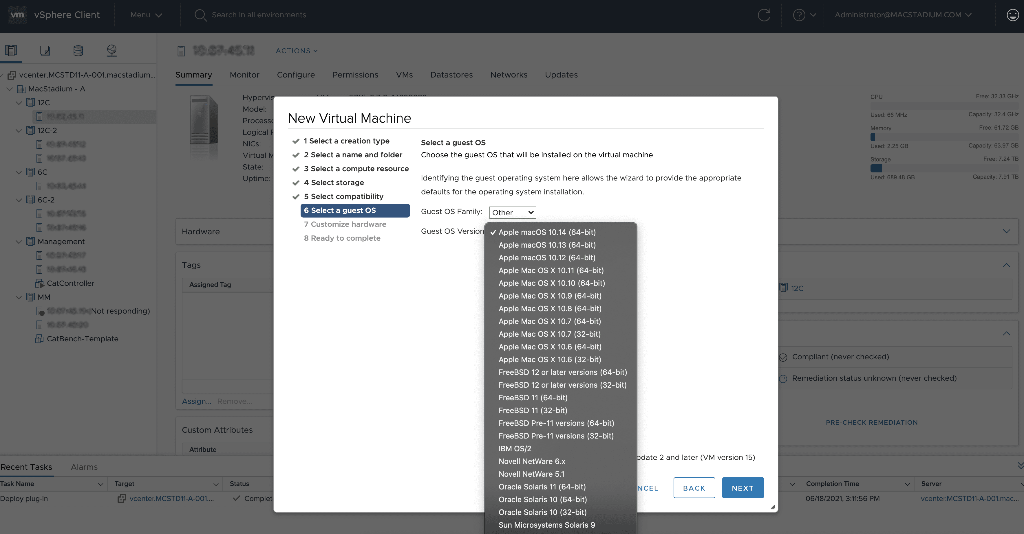 New Virtual Machine step 6: select a guest OS. Guest OS family: other. Guest OS version: Apple macOS 10.14 (64-bit) selected