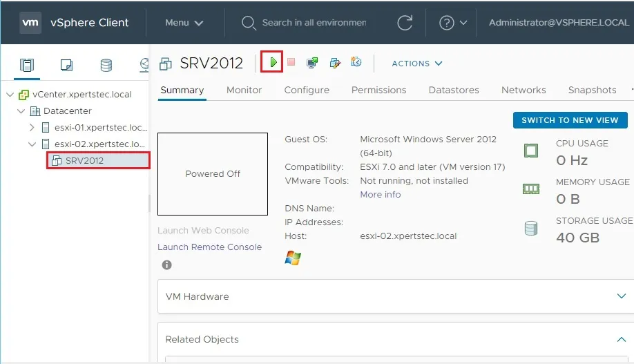 vSphere client showing new VM created called SRV2012